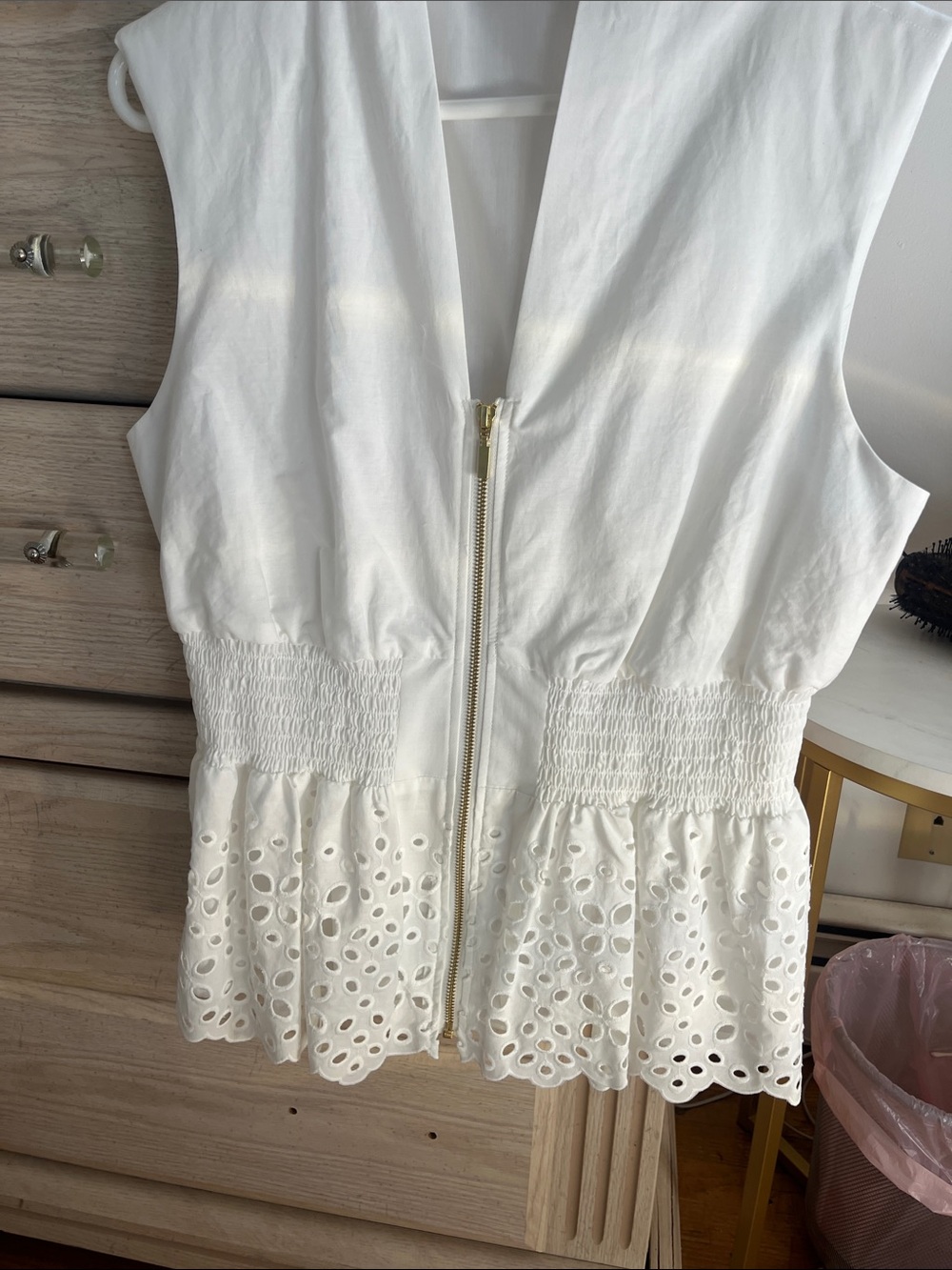 Nine West White Eyelet Peplum Zip-Front Top